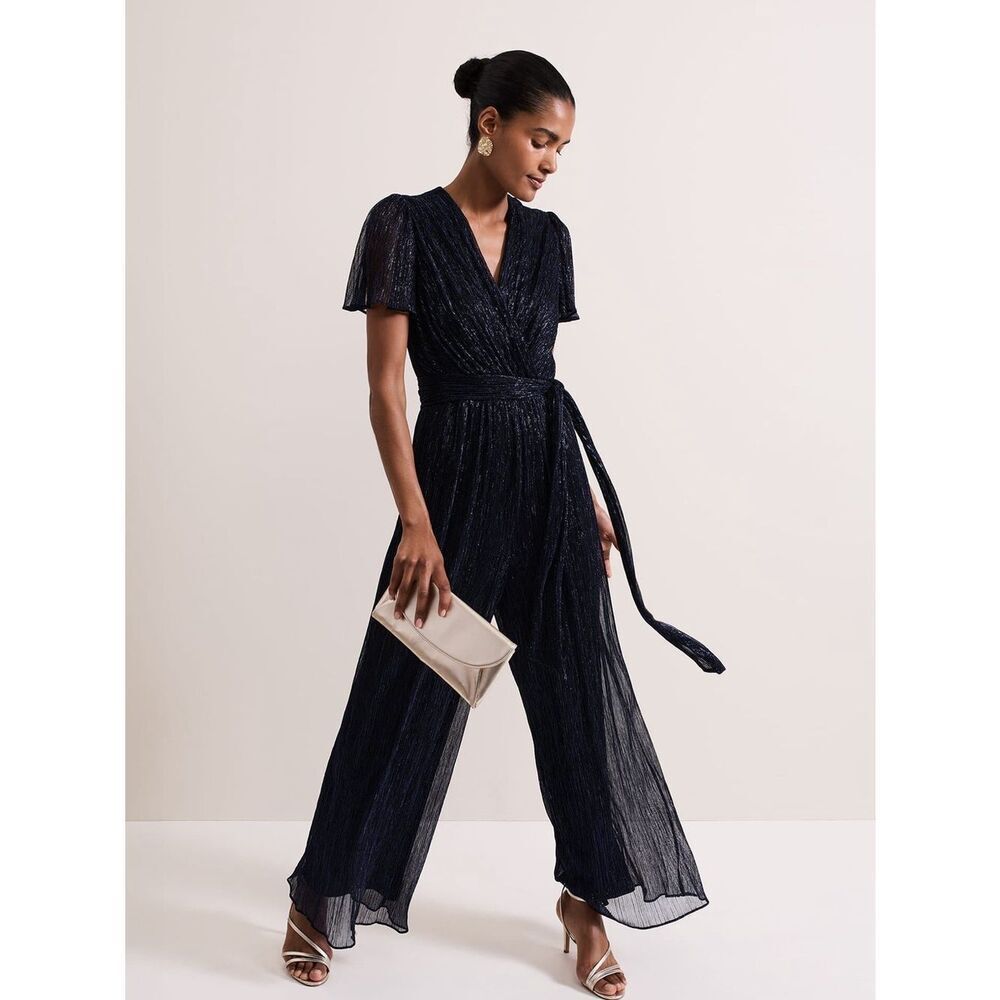 NWT Adrianna Papell Blue Metallic Pleat Flutter Sleeve Jumpsuit Size 0